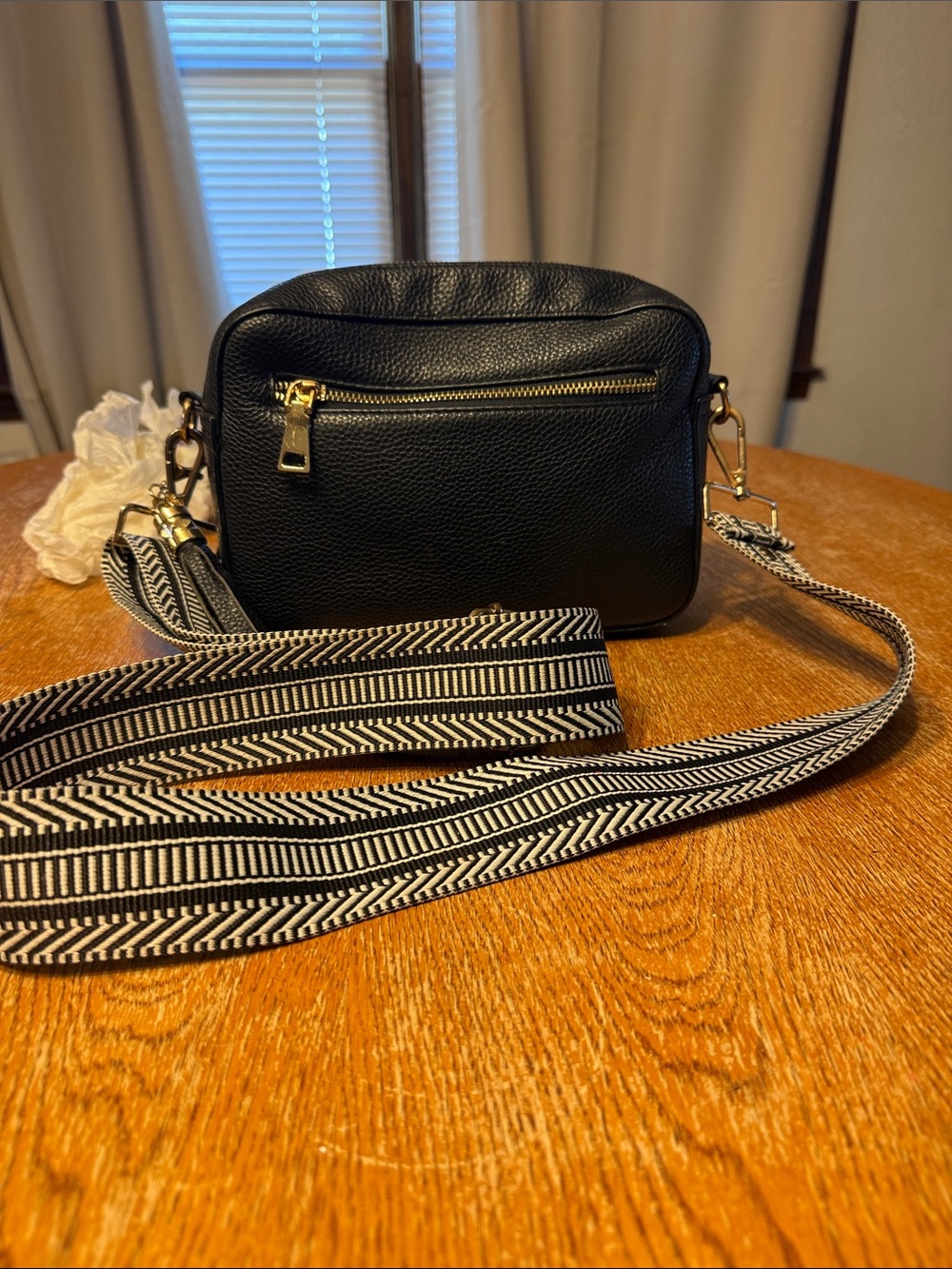 Classic Black Leather Crossbody Bag with Striped Webbing Strap